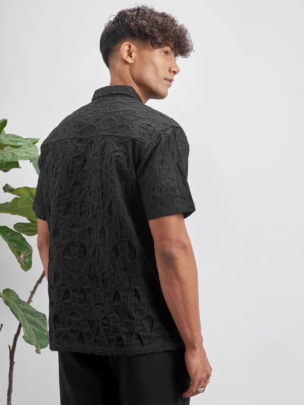 Highlander Men Black Embroidered Relaxed Fit Casual Shirt