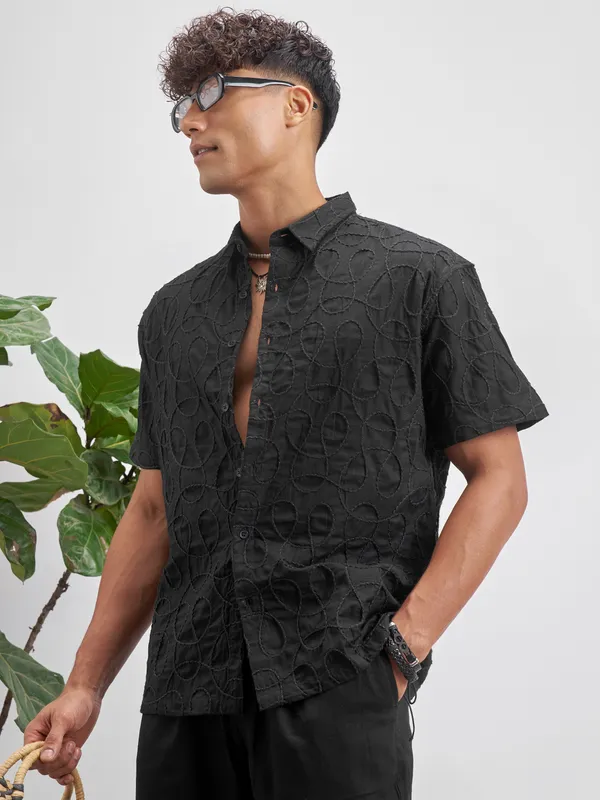 Highlander Men Black Embroidered Relaxed Fit Casual Shirt