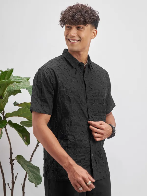 Highlander Men Black Embroidered Relaxed Fit Casual Shirt