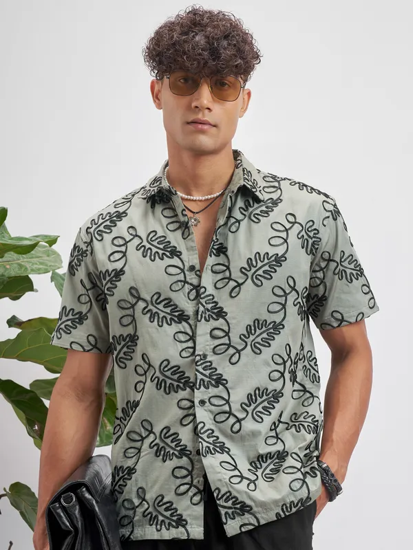 Highlander Men Olive Embroidered Relaxed Fit Casual Shirt