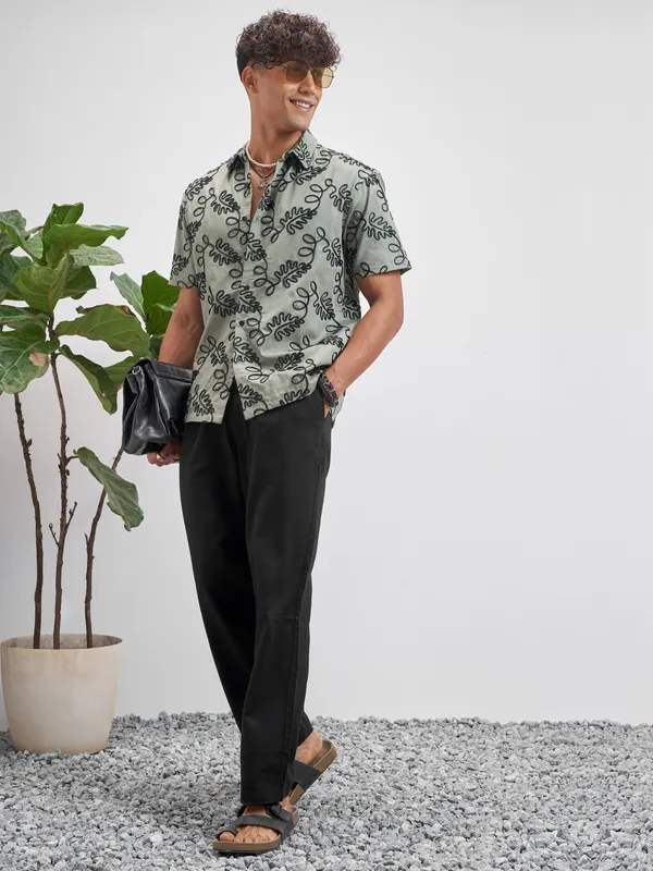 Highlander Men Olive Embroidered Relaxed Fit Casual Shirt