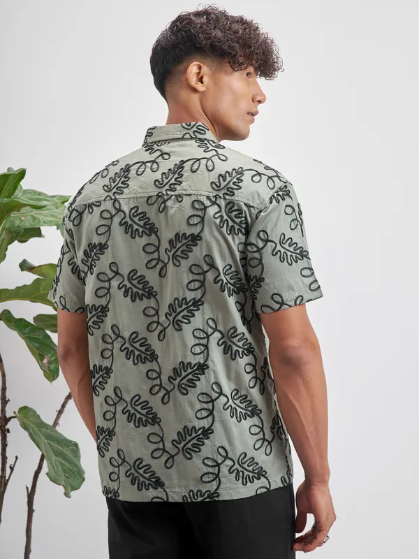 Highlander Men Olive Embroidered Relaxed Fit Casual Shirt