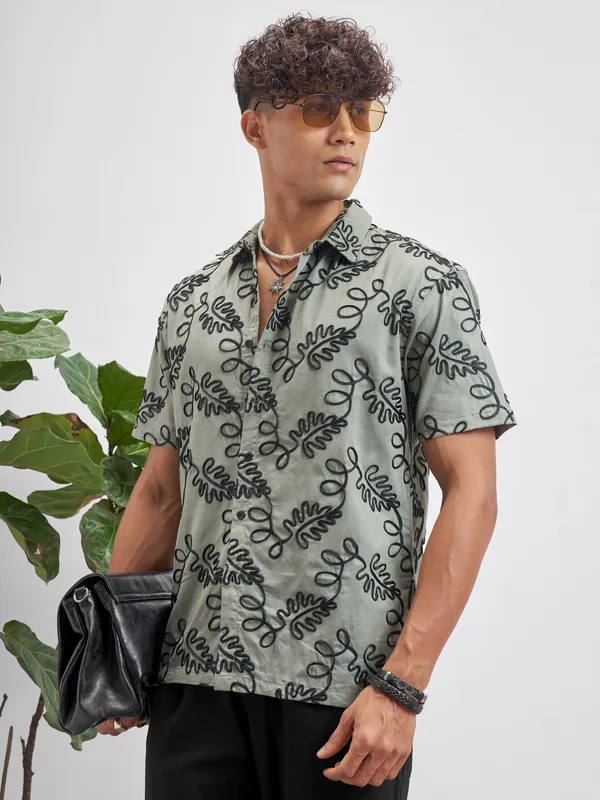 Highlander Men Olive Embroidered Relaxed Fit Casual Shirt