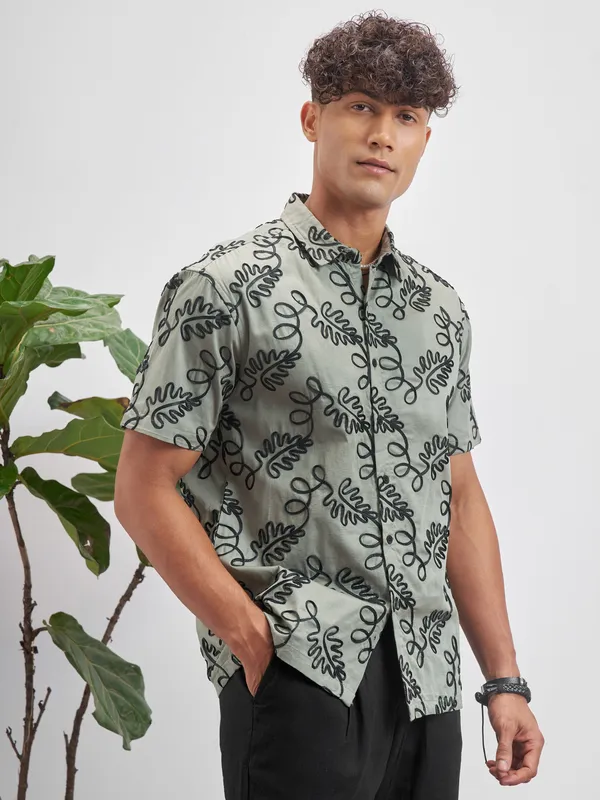 Highlander Men Olive Embroidered Relaxed Fit Casual Shirt