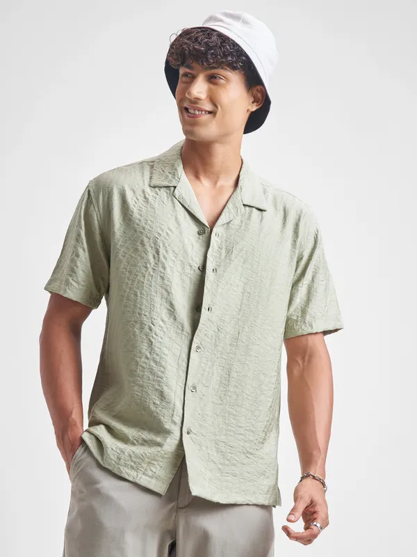 Highlander Men Green Self Design Relaxed Fit Casual Shirt