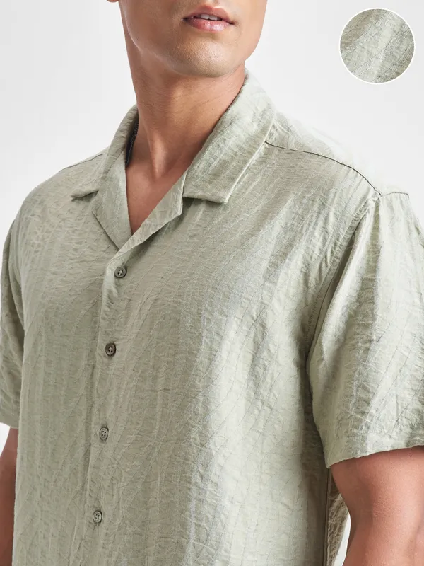 Highlander Men Green Self Design Relaxed Fit Casual Shirt