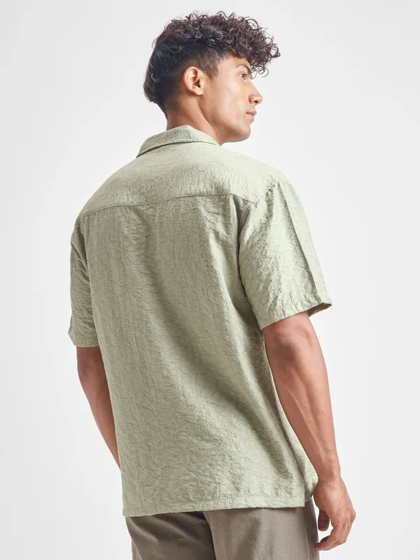 Highlander Men Green Self Design Relaxed Fit Casual Shirt