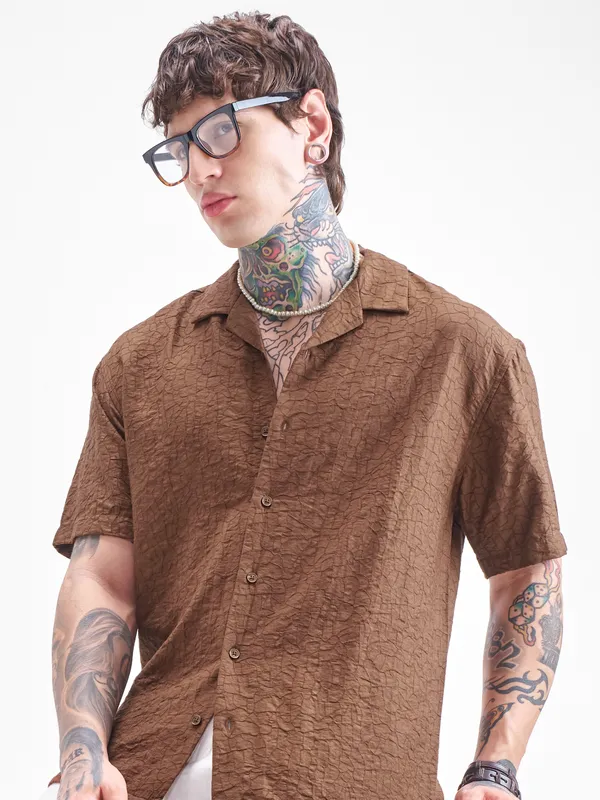 Highlander Men Brown Crushed Relaxed Fit Casual Shirt