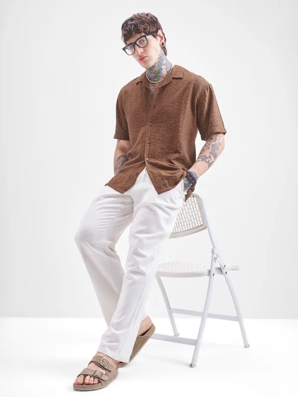 Highlander Men Brown Crushed Relaxed Fit Casual Shirt