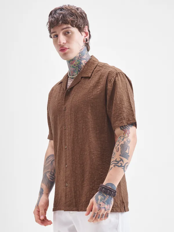 Highlander Men Brown Crushed Relaxed Fit Casual Shirt