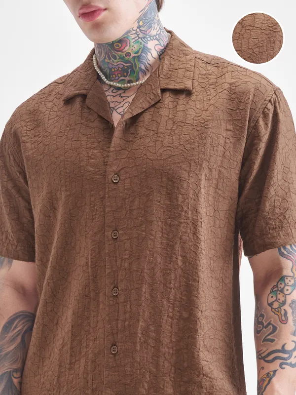 Highlander Men Brown Crushed Relaxed Fit Casual Shirt