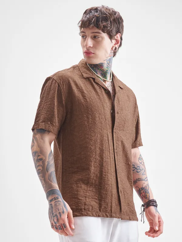 Highlander Men Brown Crushed Relaxed Fit Casual Shirt