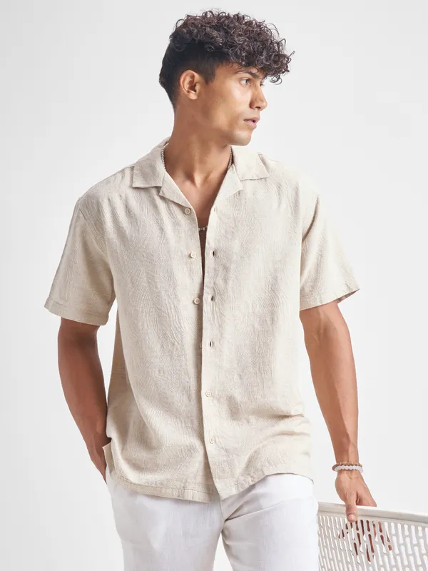 Highlander Men Beige Self Design Relaxed Fit Casual Shirt