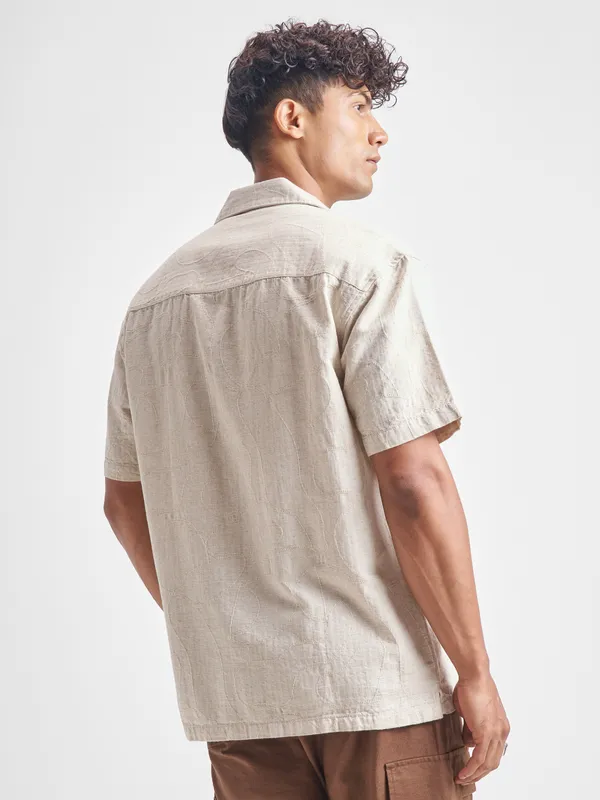 Highlander Men Beige Self Design Relaxed Fit Casual Shirt