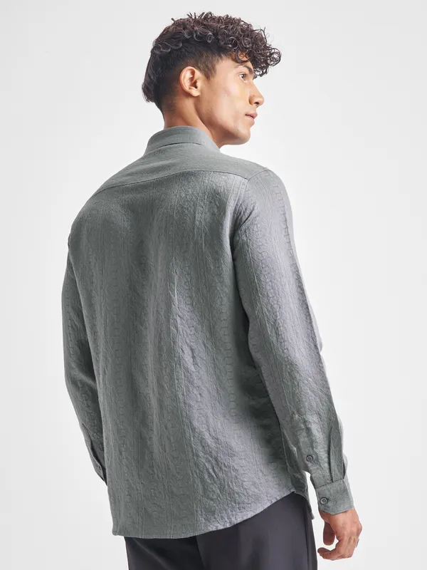 Highlander Men Grey Self Design Slim Fit Casual Shirt