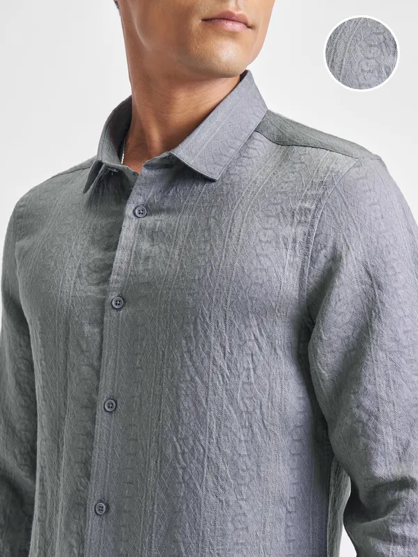 Highlander Men Grey Self Design Slim Fit Casual Shirt