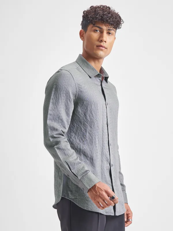 Highlander Men Grey Self Design Slim Fit Casual Shirt