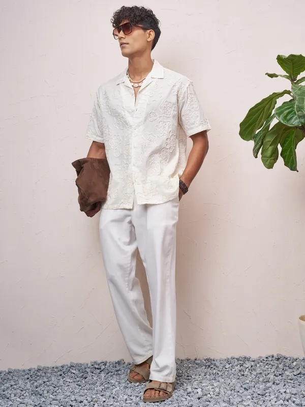 Highlander Men Cream Embroidered Relaxed Fit Casual Shirt