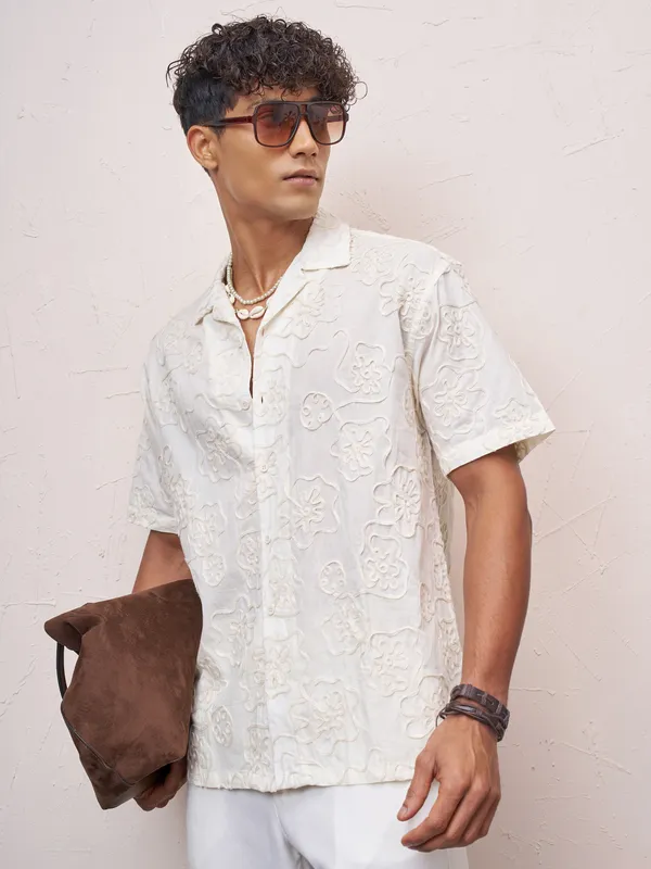 Highlander Men Cream Embroidered Relaxed Fit Casual Shirt