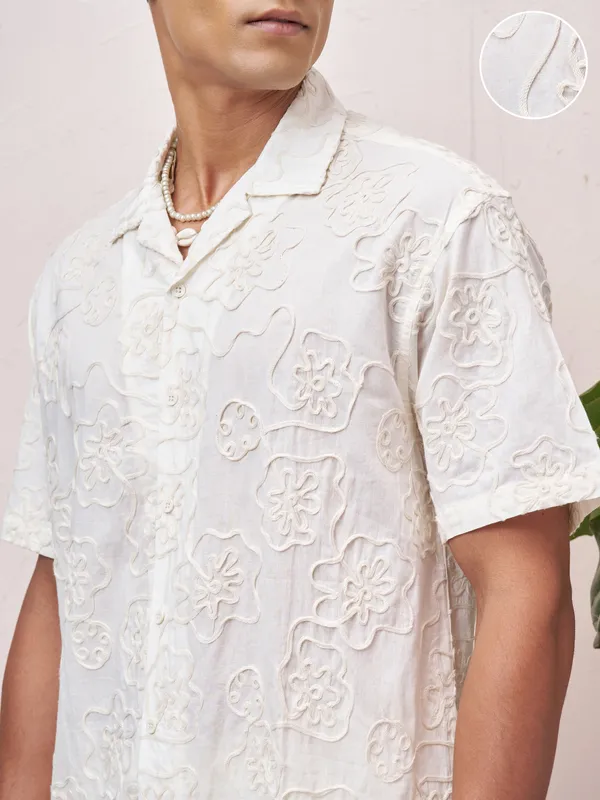 Highlander Men Cream Embroidered Relaxed Fit Casual Shirt