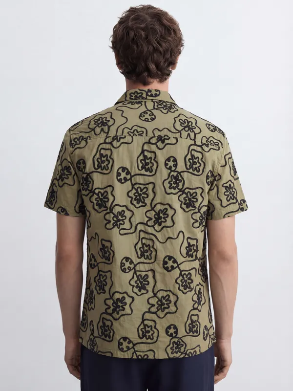 Highlander Men Olive Self Design Relaxed Fit Casual Shirt