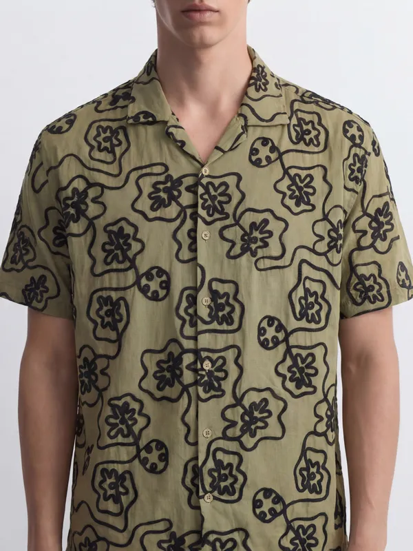 Highlander Men Olive Self Design Relaxed Fit Casual Shirt