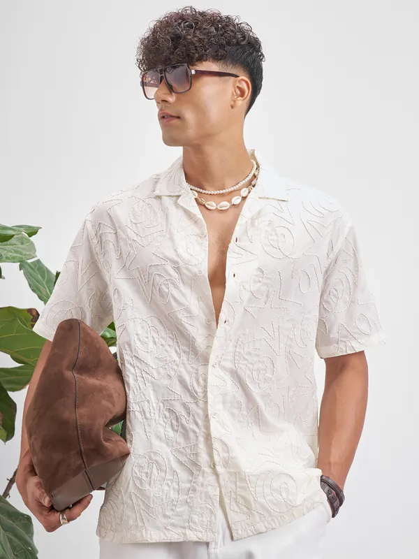 Highlander Men Cream Embroidered Relaxed Fit Casual Shirt