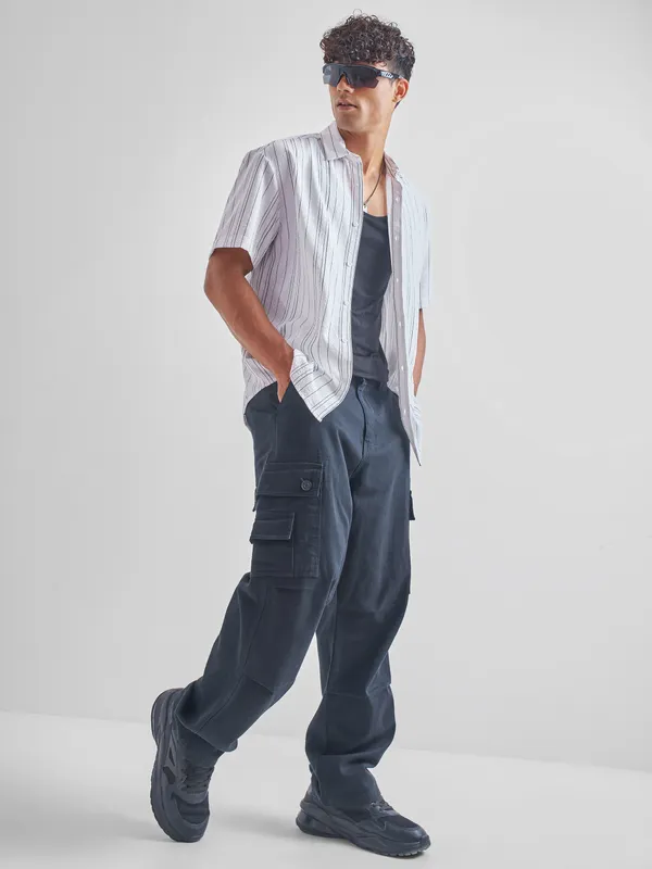 Highlander Men Off White Striped Oversized Fit Casual Shirt