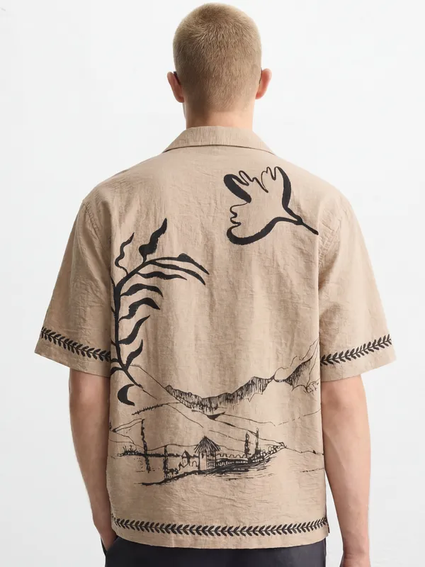 Highlander Men Beige Printed Boxy Fit Casual Shirt