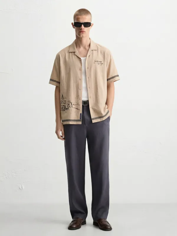 Highlander Men Beige Printed Boxy Fit Casual Shirt