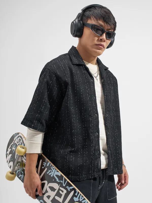 Highlander Men Black Striped Boxy Fit Casual Shirt