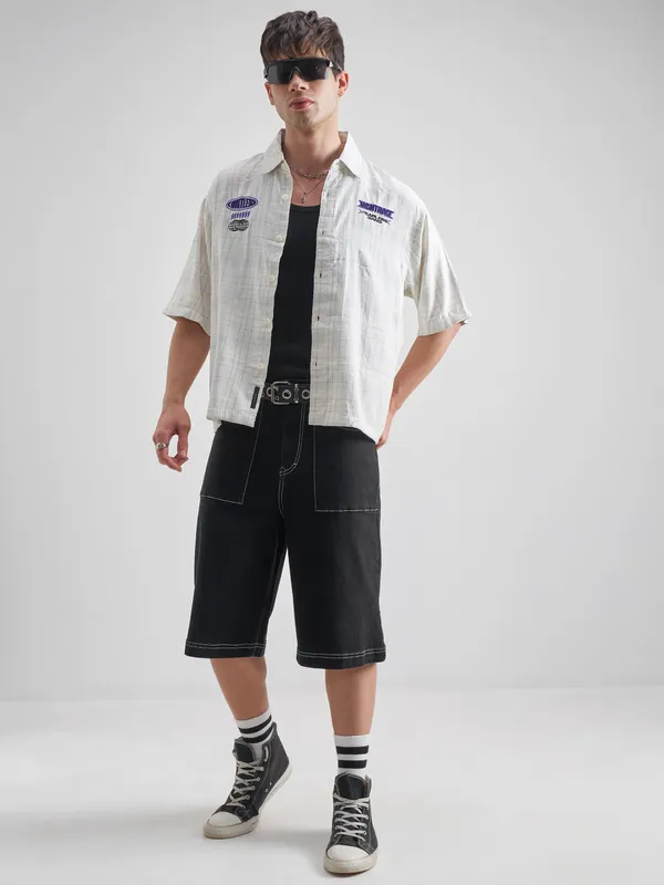 Highlander Men Cream Embroidered Boxy Fit Casual Shirt