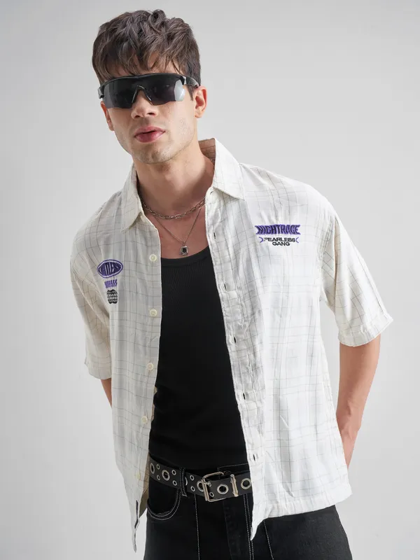 Highlander Men Cream Embroidered Boxy Fit Casual Shirt