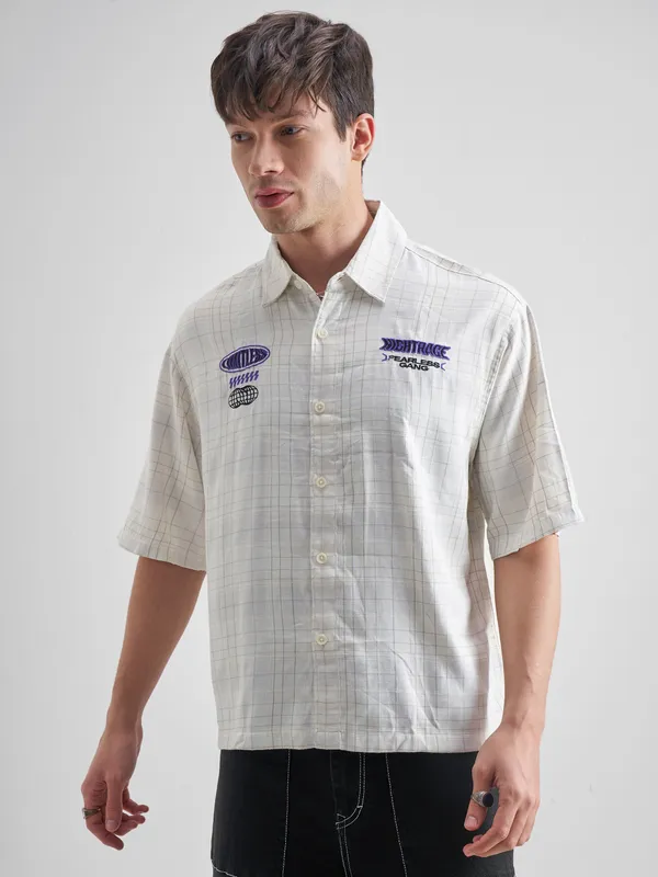 Highlander Men Cream Embroidered Boxy Fit Casual Shirt