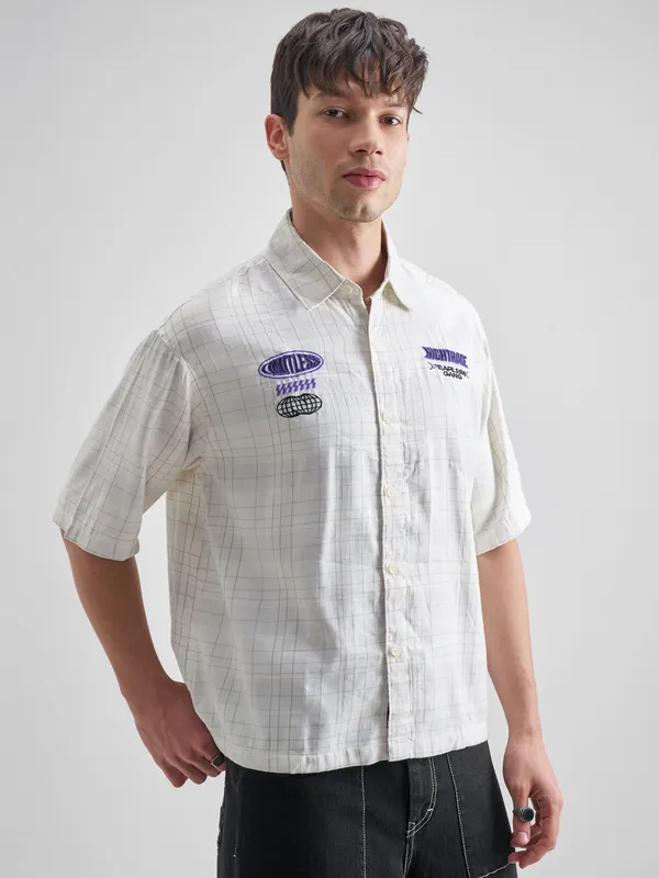 Highlander Men Cream Embroidered Boxy Fit Casual Shirt