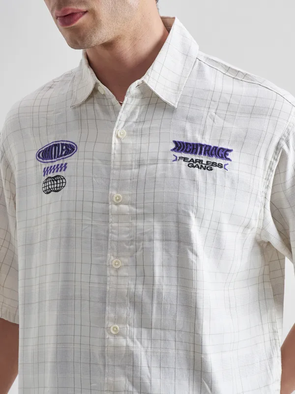 Highlander Men Cream Embroidered Boxy Fit Casual Shirt