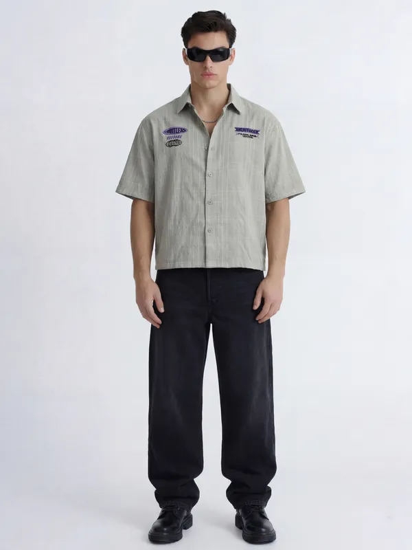 Highlander Men Grey Embroidered Boxy Fit Casual Shirt