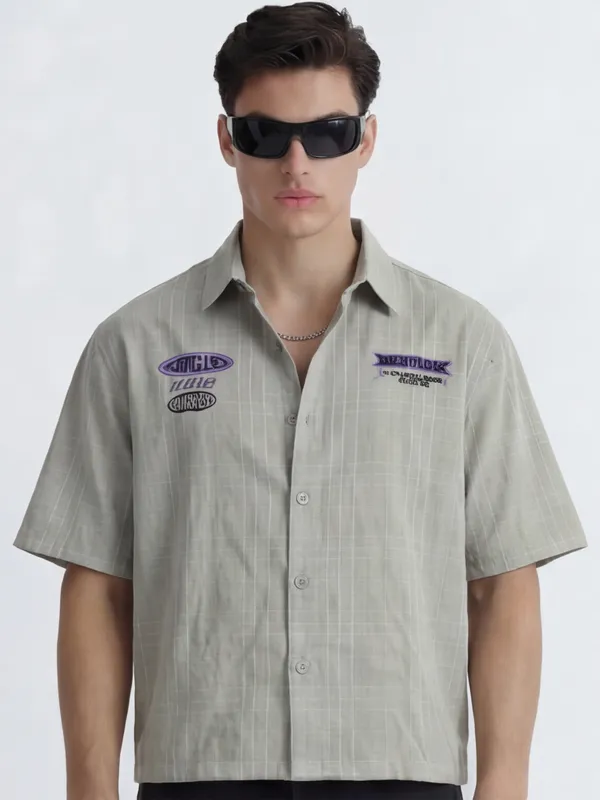 Highlander Men Grey Embroidered Boxy Fit Casual Shirt