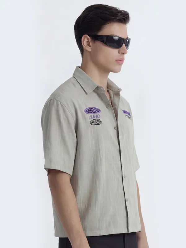 Highlander Men Grey Embroidered Boxy Fit Casual Shirt