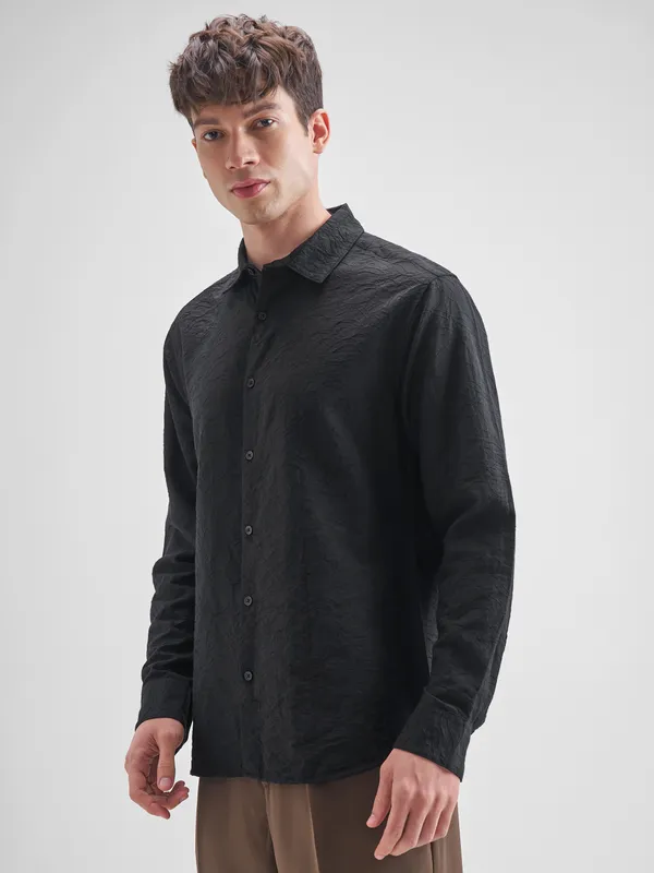 Highlander Men Black Self Design Relaxed Fit Casual Shirt