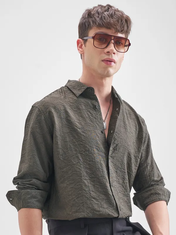 Highlander Men Olive Self Design Relaxed Fit Casual Shirt