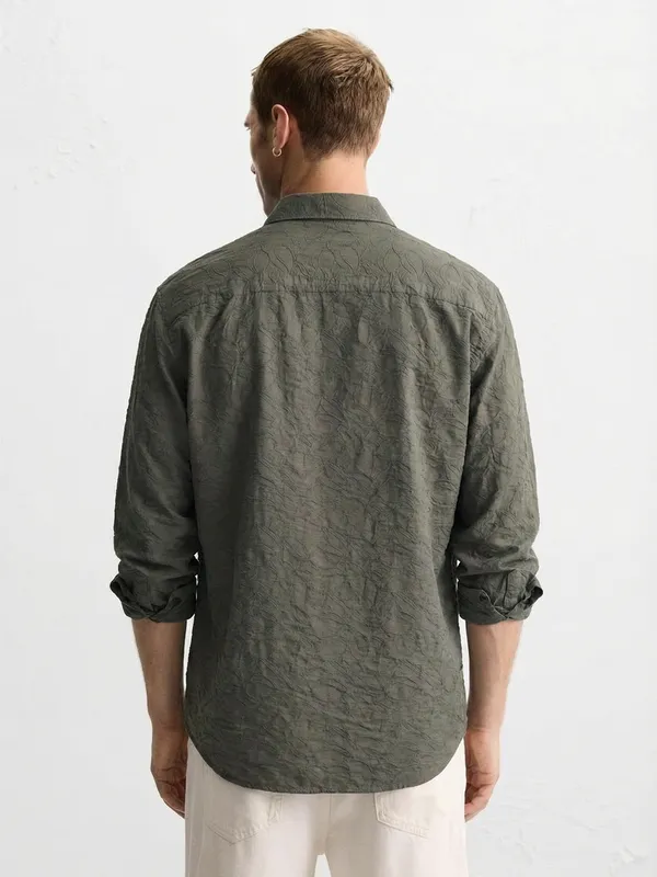 Highlander Men Olive Self Design Relaxed Fit Casual Shirt