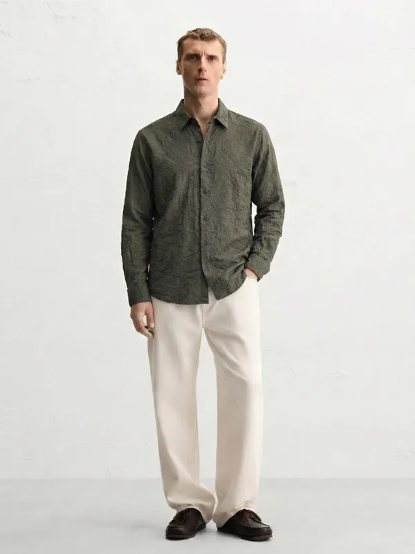 Highlander Men Olive Self Design Relaxed Fit Casual Shirt