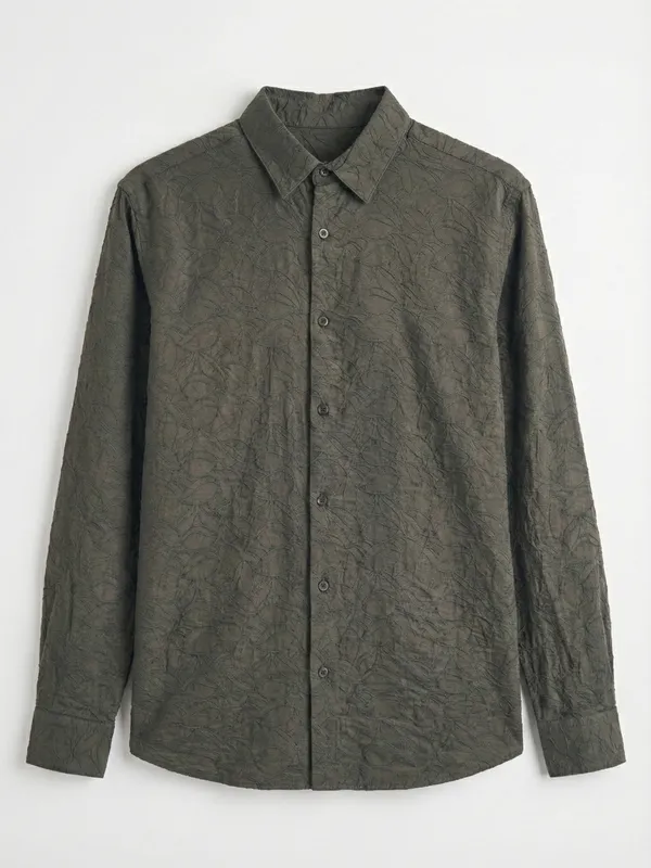 Highlander Men Olive Self Design Relaxed Fit Casual Shirt