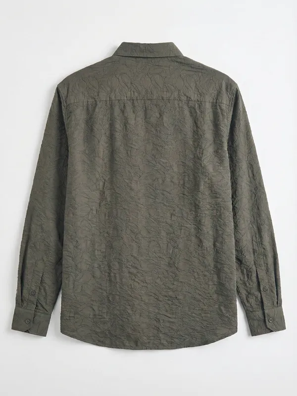 Highlander Men Olive Self Design Relaxed Fit Casual Shirt