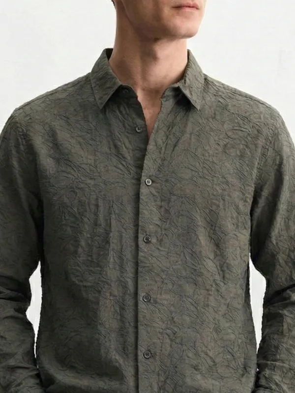 Highlander Men Olive Self Design Relaxed Fit Casual Shirt