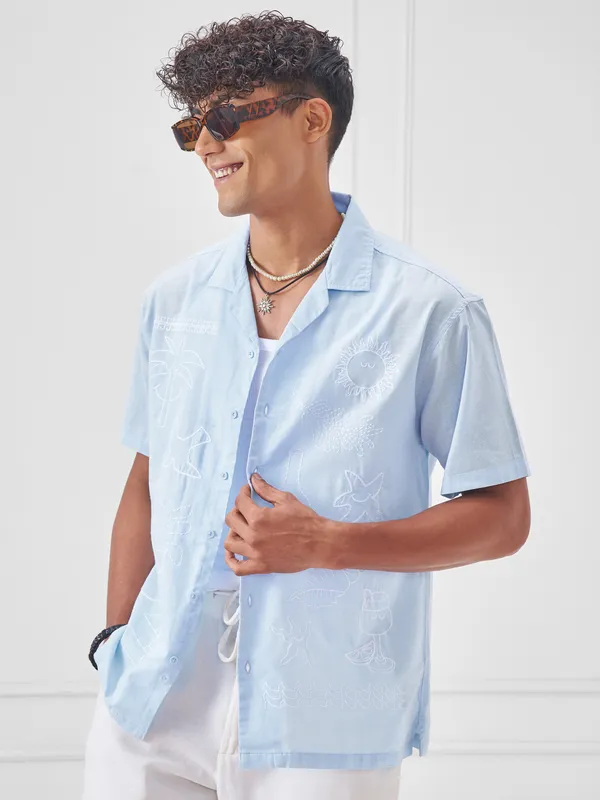 Highlander Men Blue Embroidered Relaxed Fit Casual Shirt