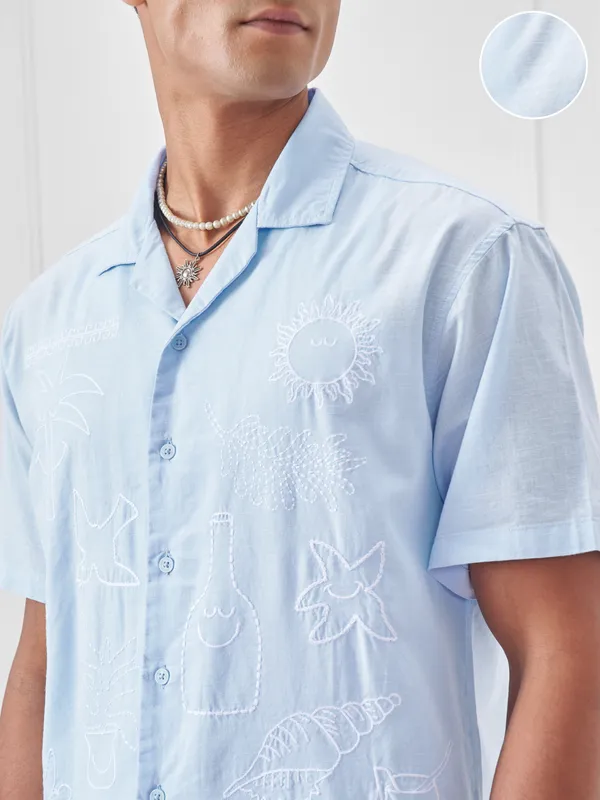 Highlander Men Blue Embroidered Relaxed Fit Casual Shirt