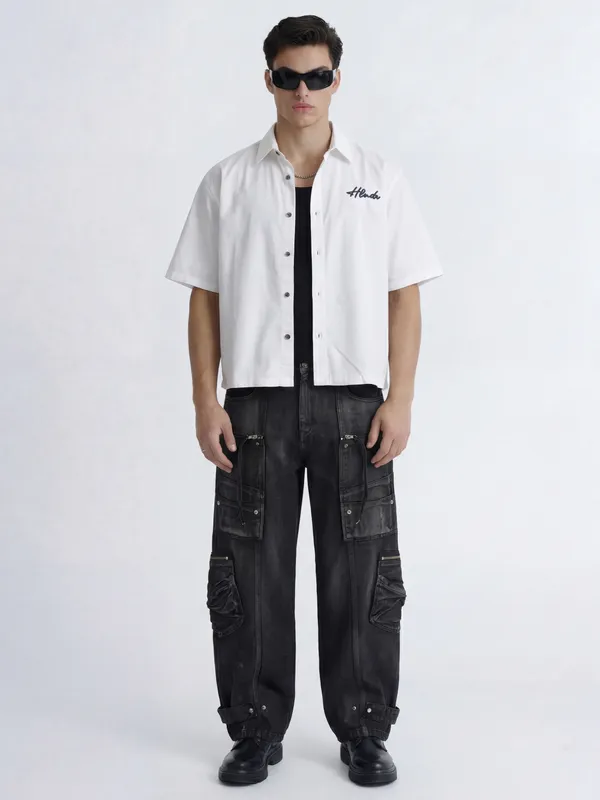 Highlander Men White Printed Boxy Fit Casual Shirt