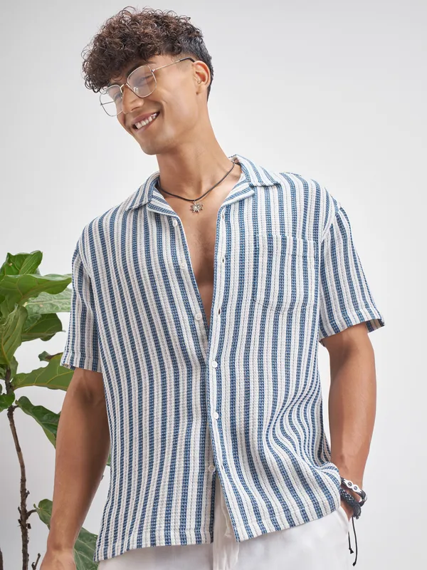 Highlander Men Blue Striped Relaxed Fit Casual Shirt